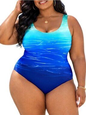 Eytino Plus Size 4X Swimsuit One Piece Crisscross Back Blue Ombré Beach Swimwear